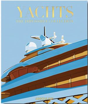 The book "The Impossible Collection of Yachts" by Assouline features an illustrated cover showing a stylized America's Cup yacht against a blue background.
