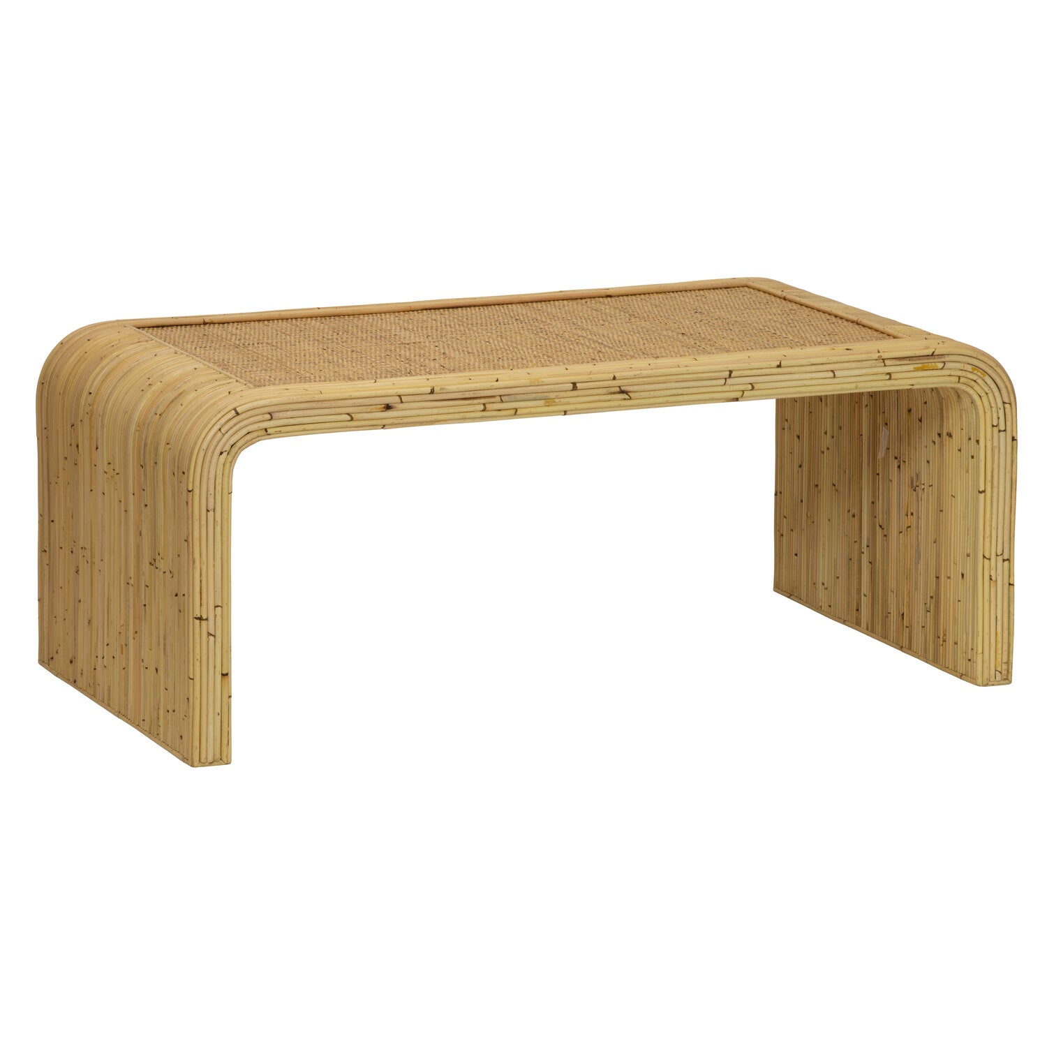 The Selamat Yosemite Falls Coffee Table features a rectangular rattan frame with rounded edges and a woven cane top, offering a minimalist, natural design.