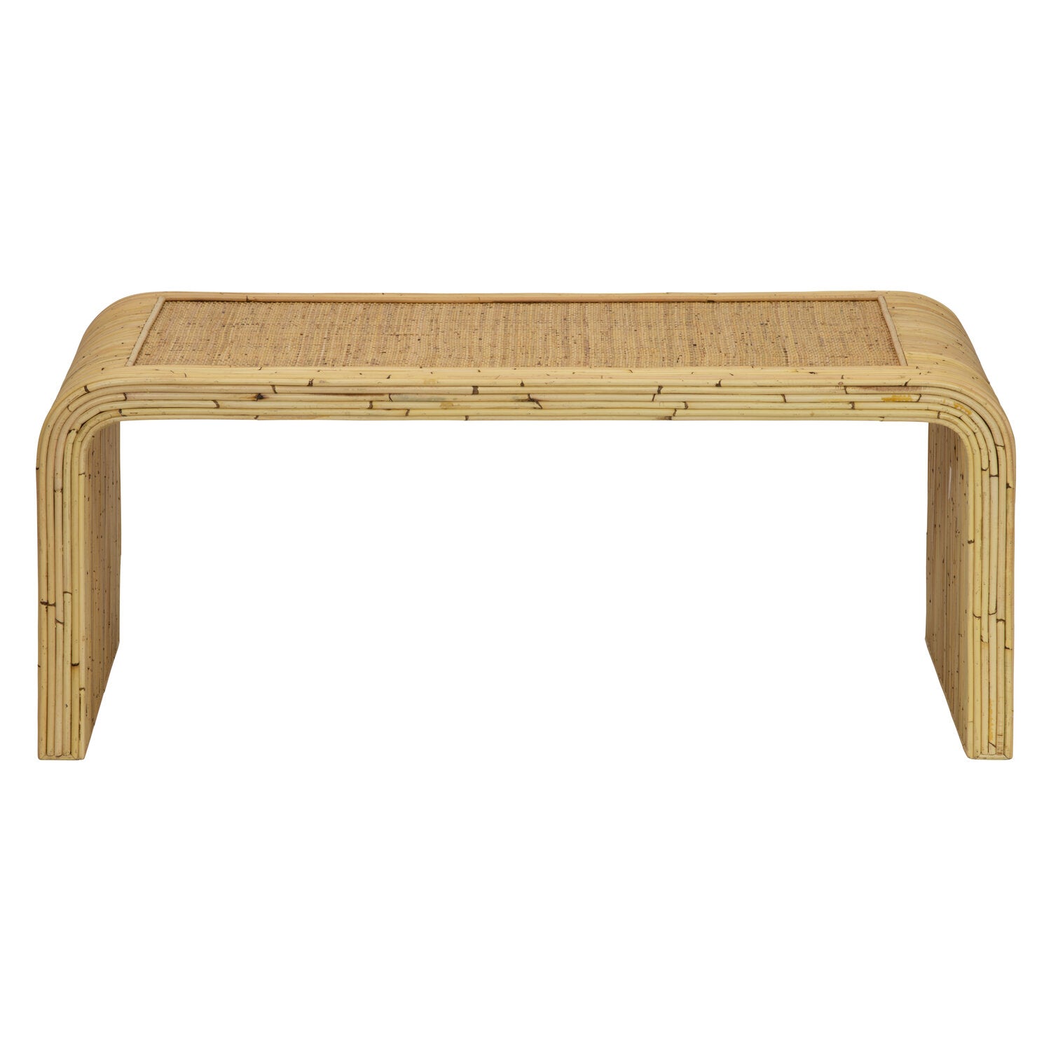 The Selamat Yosemite Falls Coffee Table features a rectangular rattan frame, curved legs, and a flat woven cane top, shown against a white background.