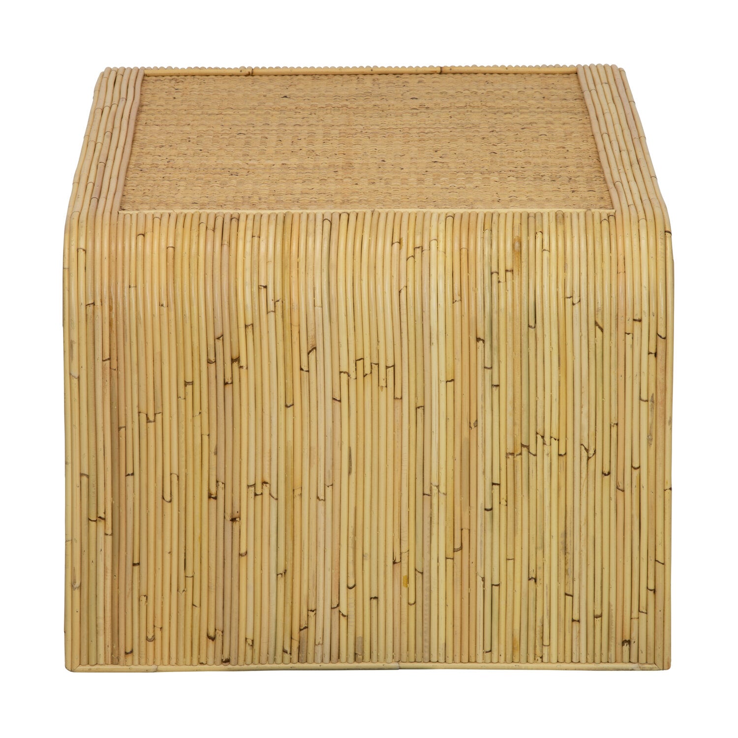 The Yosemite Falls Side Table by Selamat is a square, beige bamboo piece with vertical slats and a woven cane top, showcasing a rattan silhouette in its natural finish.