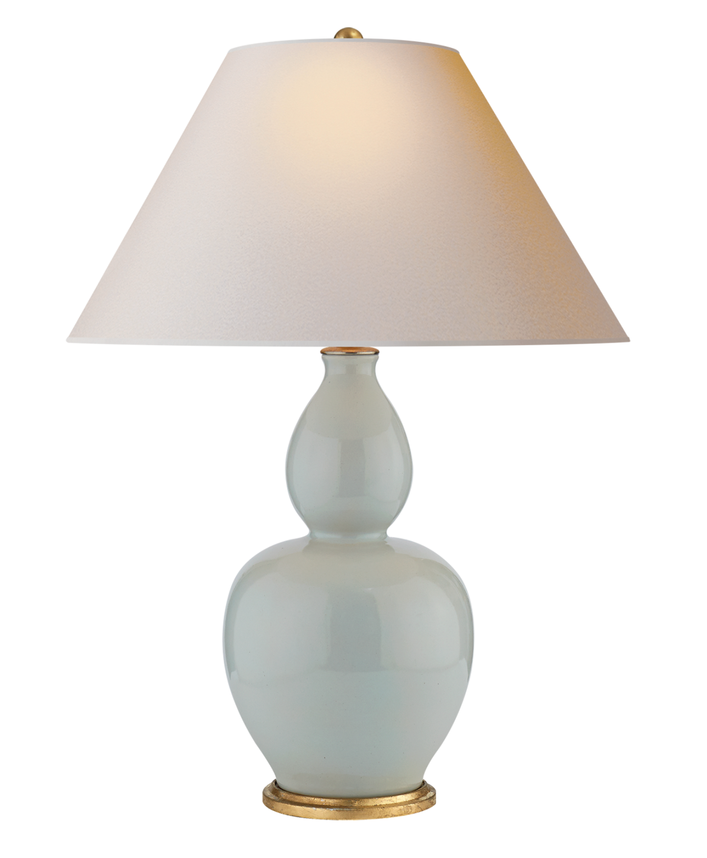 A Visual Comfort Yue Double Gourd Table Lamp in Ice Blue with a white shade.