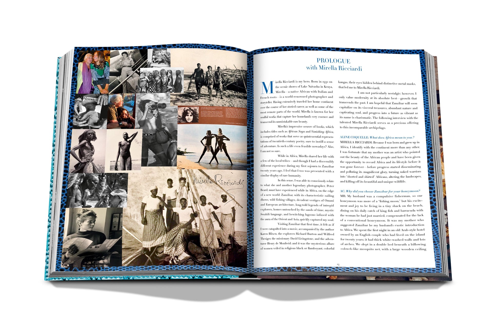 An open copy of Assouline's Zanzibar displaying a photo collage of various black-and-white images on the left page and a prologue featuring text about Zanzibar's rich history and the legacy of Stonetown on the right page.