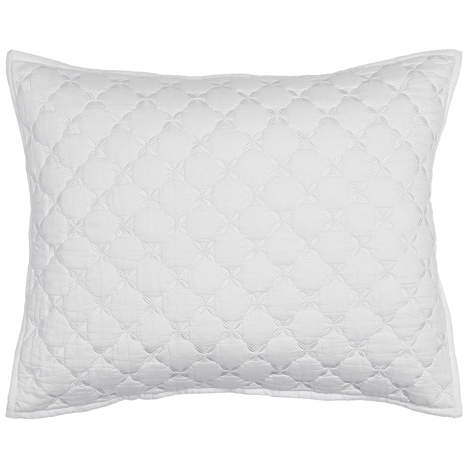 The Layla White Bedding Collection by John Robshaw features a white rectangular pillow with a hand-quilted geometric pattern inspired by Mughal garden designs.