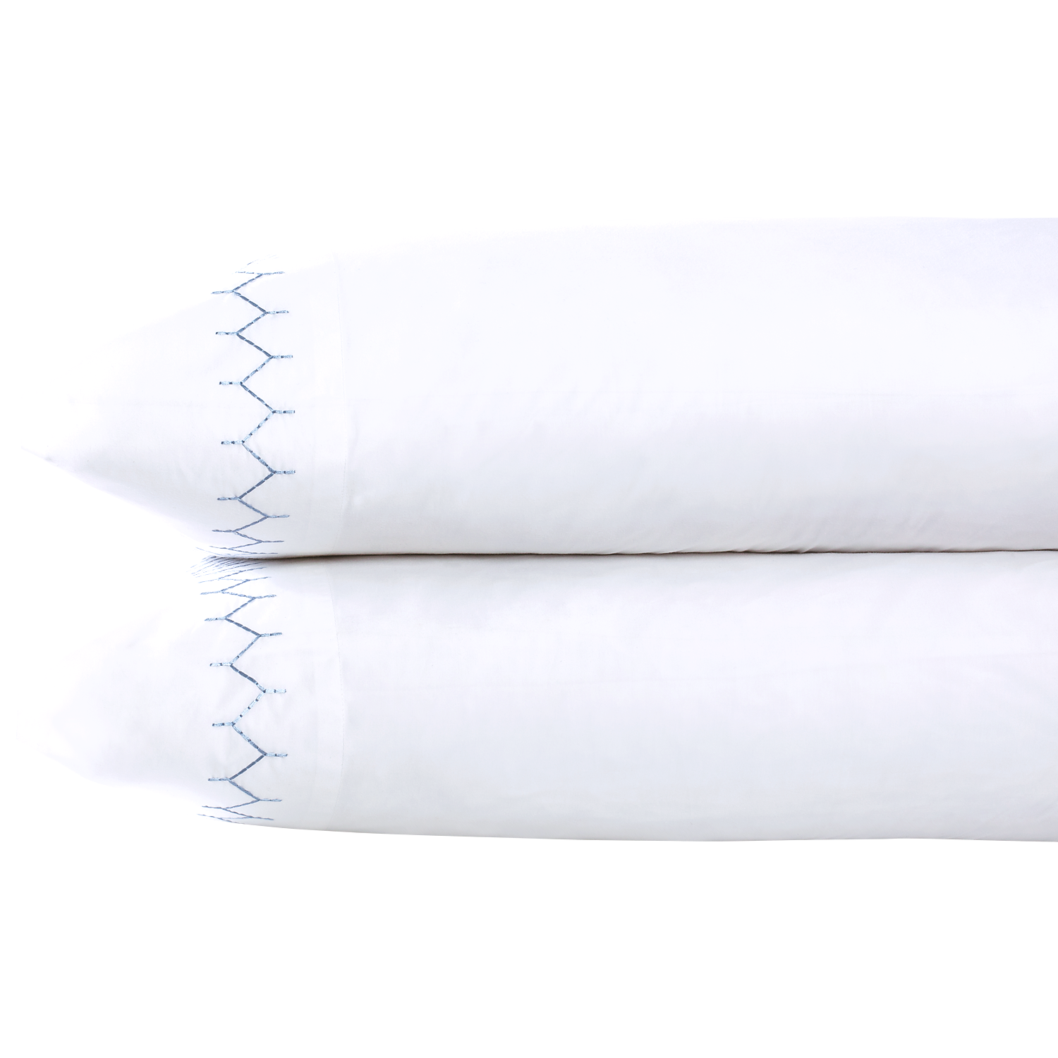 Two Stitched Light Indigo Pillowcases by John Robshaw, crafted from soft cotton percale with a blue zigzag embroidered edge, are stacked on a white background.