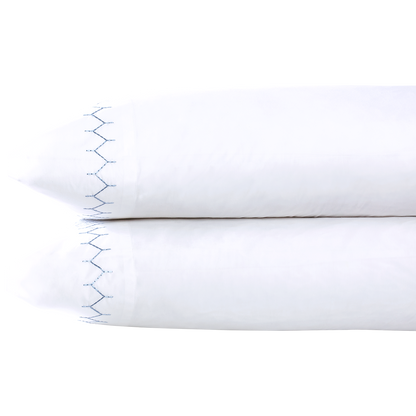 Two Stitched Light Indigo Pillowcases by John Robshaw, crafted from soft cotton percale with a blue zigzag embroidered edge, are stacked on a white background.