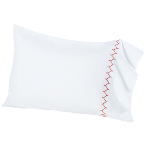 The Stitched Coral Pillowcase Pair by John Robshaw features white pure cotton percale and red stitches on one side, resembling a baseball seam, for a crisp feel and lasting durability.
