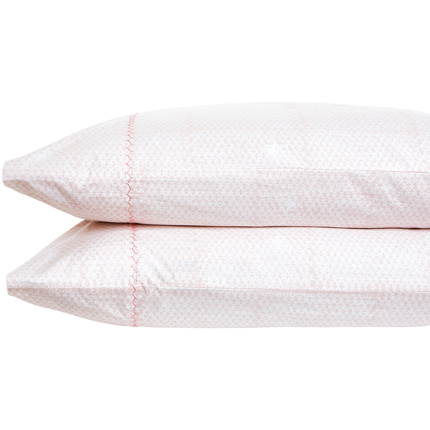 Stacked one atop the other, two white pillows from the John Robshaw Poseti Lotus Sheet Set feature subtle patterned texture with pink decorative stitching, crafted from organic percale cotton.