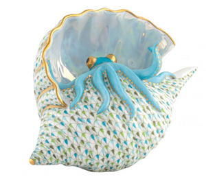 Herend's Reserve Collection Multicolor Octopus in Shell features a porcelain conch shell with a blue octopus, 24k gold accents, and a patterned pearlized finish.