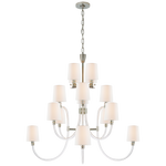 The Clarice Large Chandelier by Visual Comfort features two tiers, ten white lampshades, a crystal and polished nickel frame, and hangs from the ceiling by a chain.