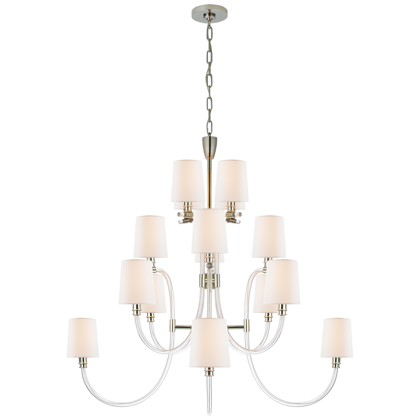 The Clarice Large Chandelier by Visual Comfort features two tiers, ten white lampshades, a crystal and polished nickel frame, and hangs from the ceiling by a chain.