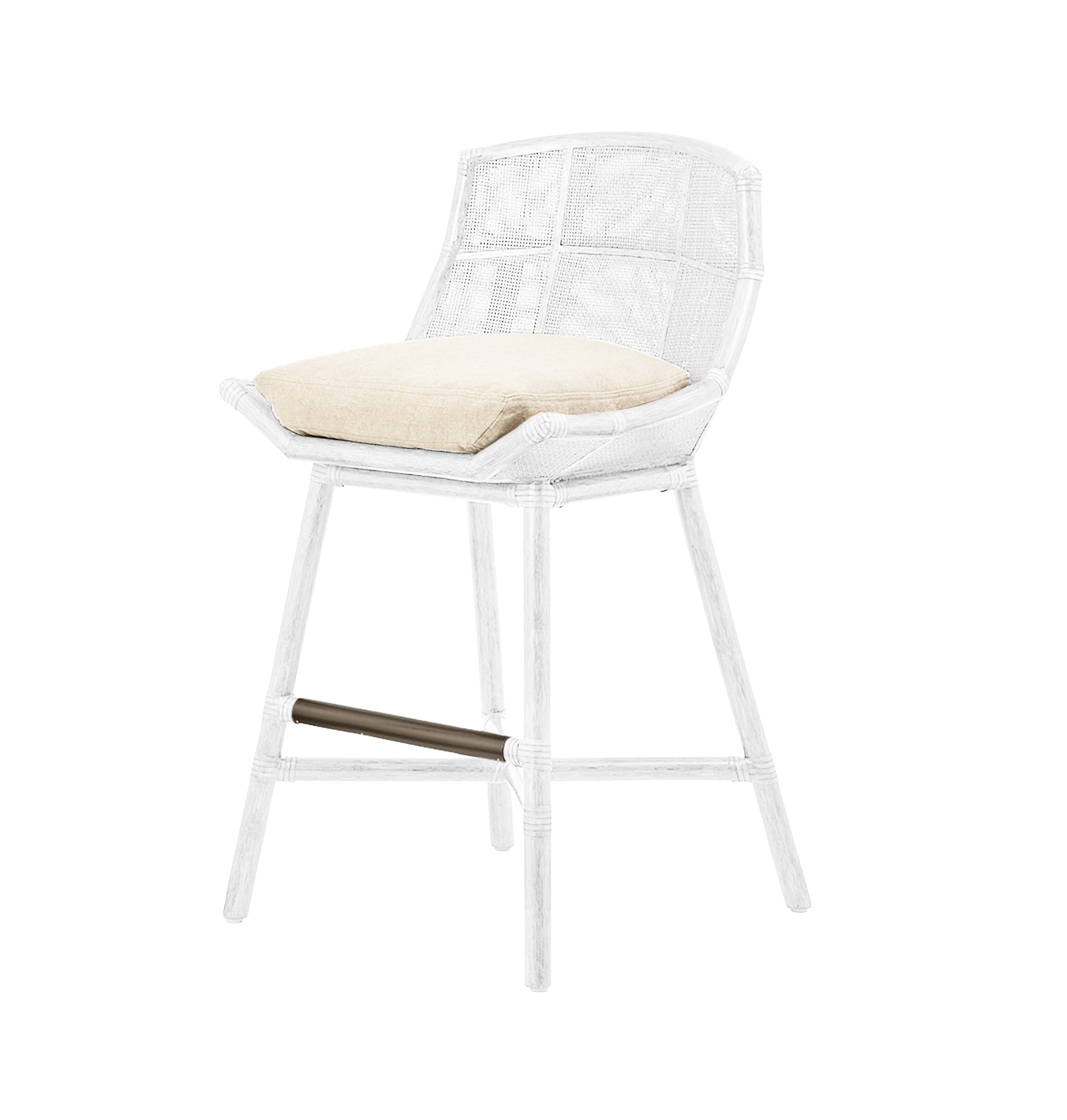 The Maketto Barstool in White by McGuire Furniture features a white rattan design with a beige cushion and a sleek black footrest, capturing the essence of handmade furniture.