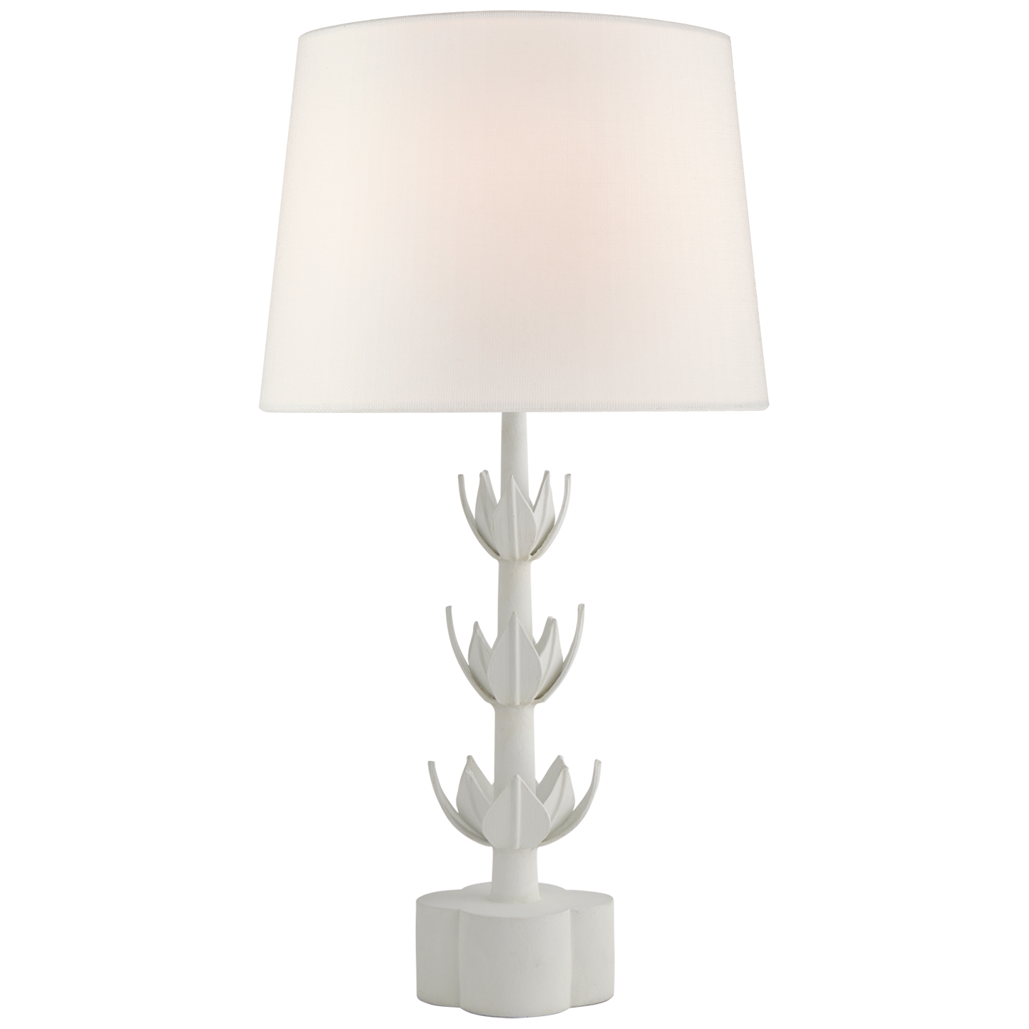 The Alberto Large Triple Table Lamp by Visual Comfort is plaster white with a fabric shade, a decorative leaf-patterned base, and features an E26 dimmer socket for adjustable lighting.