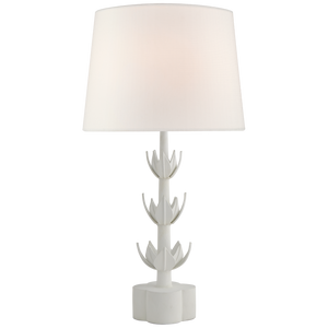 The Alberto Large Triple Table Lamp by Visual Comfort is plaster white with a fabric shade, a decorative leaf-patterned base, and features an E26 dimmer socket for adjustable lighting.