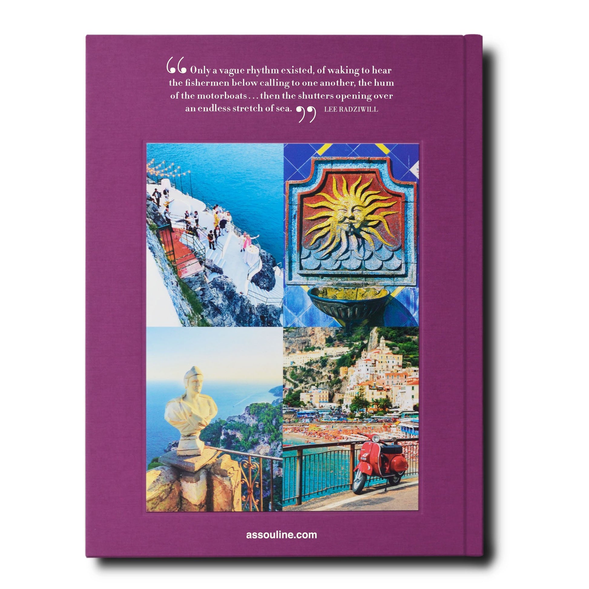 A collage of travel-themed images on the cover of an Assouline book, featuring diverse scenes like scenic hikes, a Buddha statue, and a vibrant tarot card amongst other pictures, suggesting an Amalfi Coast.