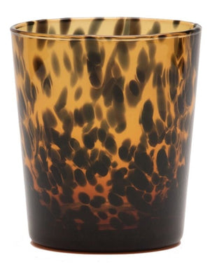 The Andrew Tortoise Glass Tumbler by Blue Pheasant is a durable glass tumbler with a tortoiseshell pattern, featuring dark brown spots on a translucent amber background, and it’s conveniently dishwasher safe.