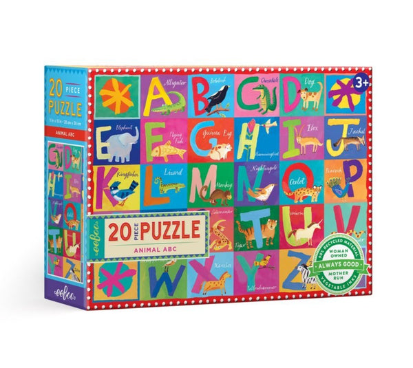 A Eeboo 20-piece Animal ABC Puzzle box featuring cute animals for children.