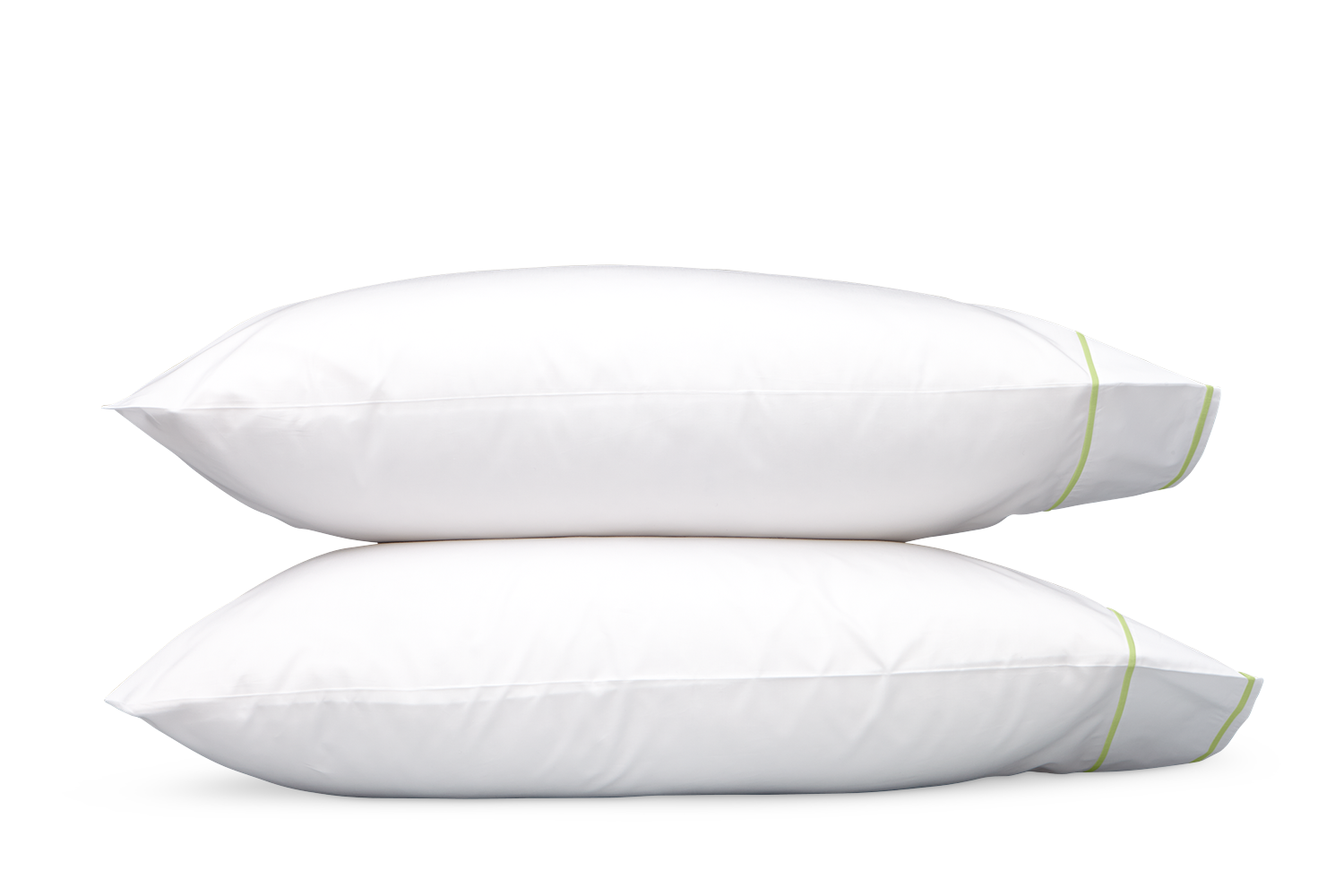 Two Ansonia Bedding Collection, Leaf pillows by Matouk—white with a slender green edge, made from OEKO-TEX® certified Egyptian cotton percale—are stacked against a plain white background, epitomizing luxury bedding.