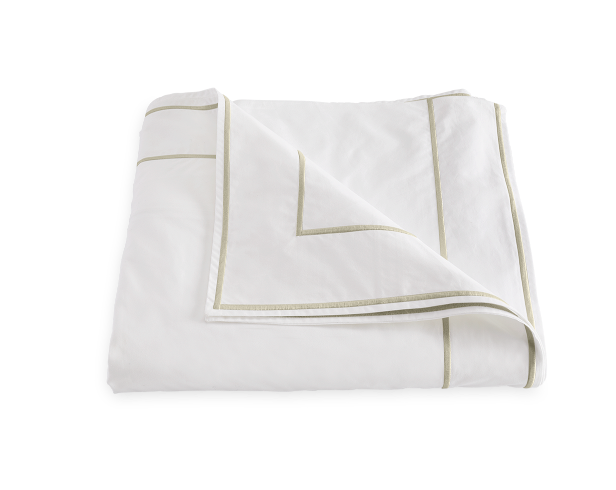 The Matouk Ansonia Bedding Collection in Almond features a neatly folded white blanket with light beige border trim, crafted from Egyptian cotton percale—a perfect touch of luxury bedding.