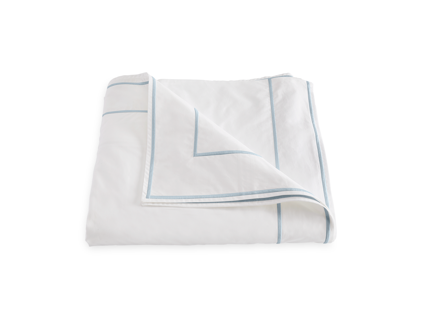 A neatly folded blanket from the Matouk Ansonia Bedding Collection in blue, made from soft Egyptian cotton with light blue edged borders, displayed on a plain surface.