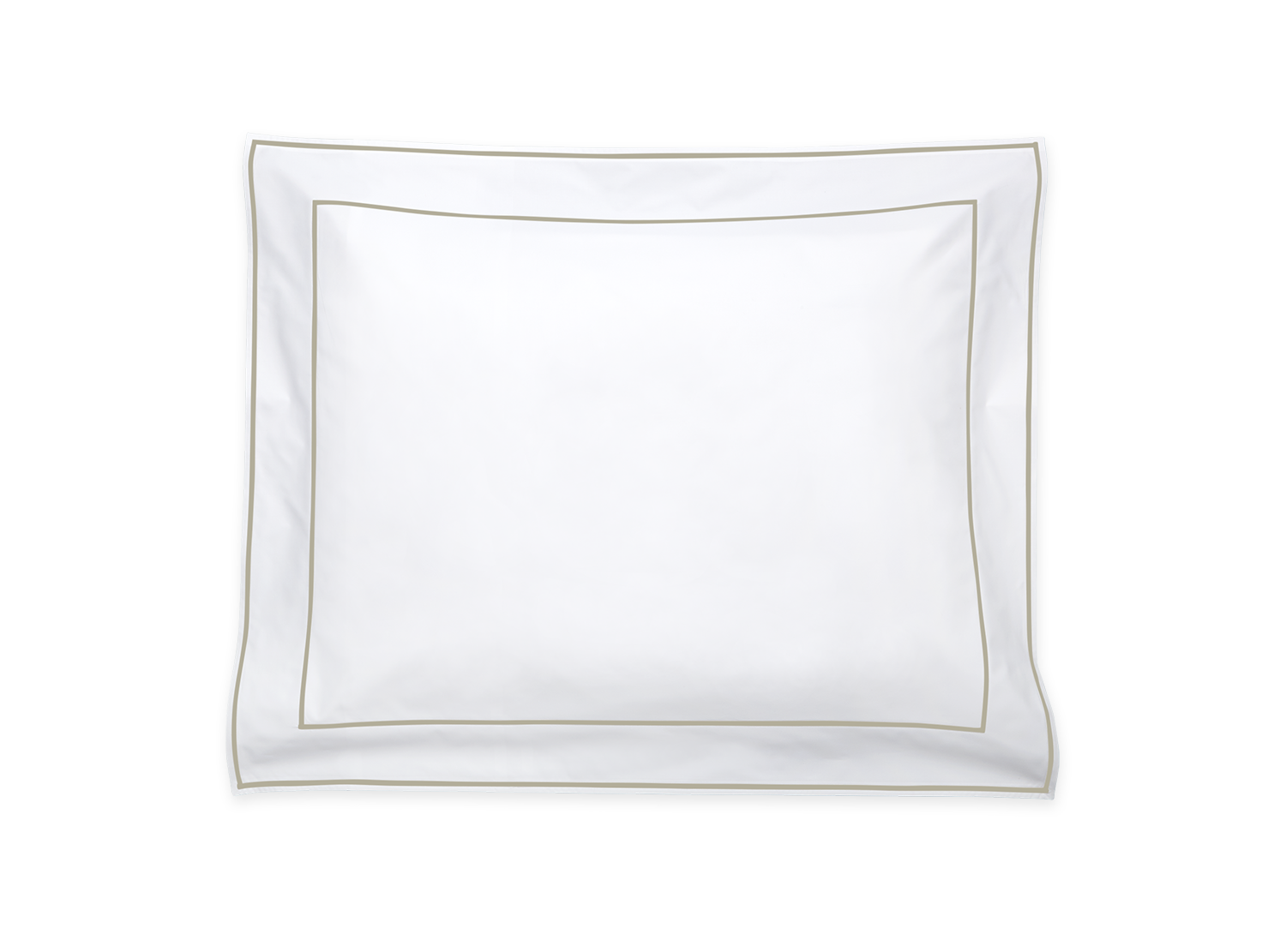 The Ansonia Bedding Collection, Almond by Matouk features a white square pillow with a slim beige border, made of 500 thread count Egyptian cotton percale, shown on a white background for luxurious comfort.