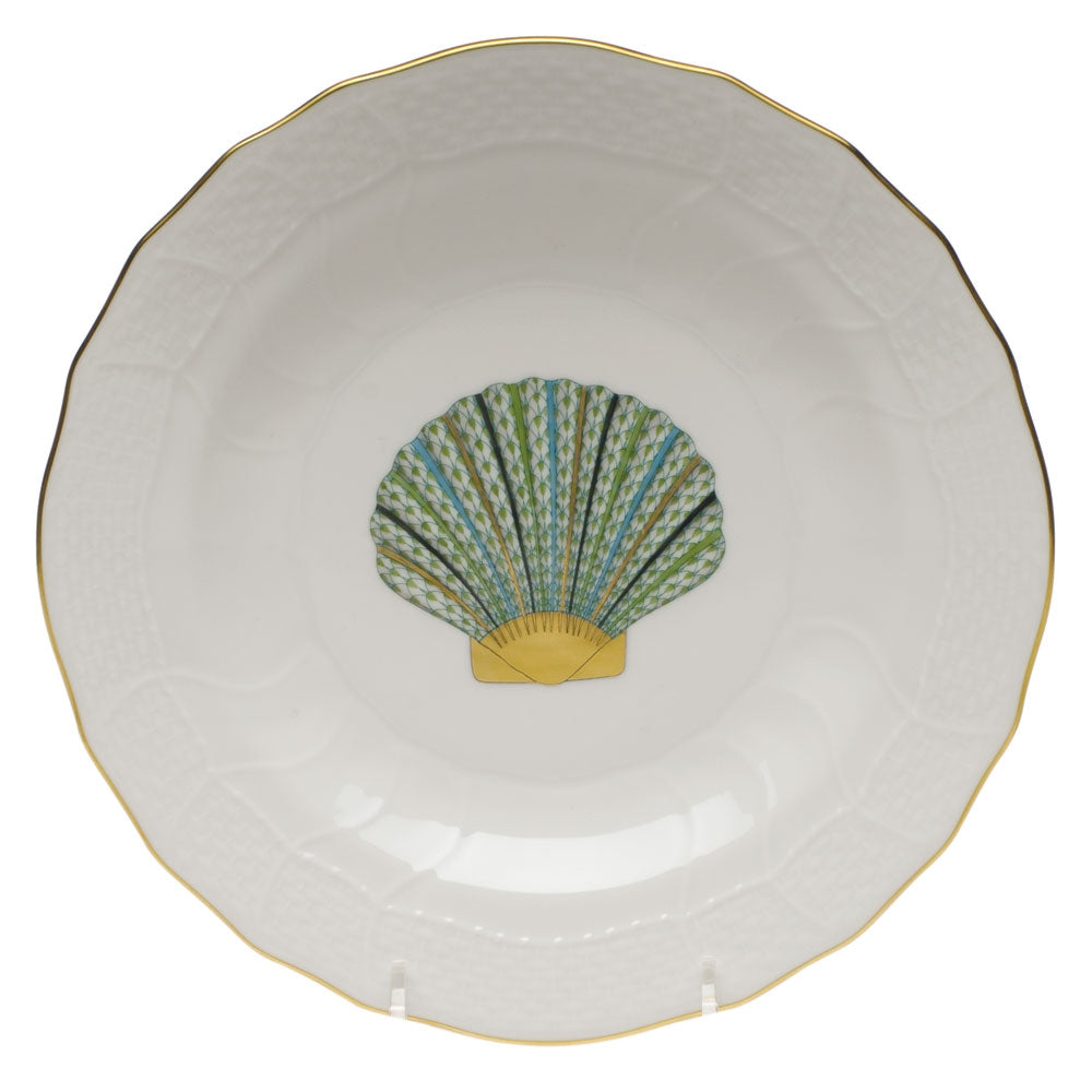 The Herend Aquatic Dessert Plate features a green scallop shell design at the center, highlighted by a 24k gold rim, on white ceramic—reminiscent of classic hand-painted Herend porcelain craftsmanship.