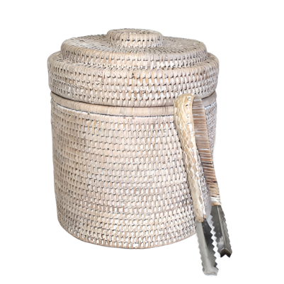 Round Matahari woven rattan laundry basket with lid and side handles.