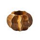 The Kim Seybert Twist Brown/Gold Napkin Ring features a small, rounded shape with pumpkin-like curves, natural wood grain patterns, and wavy vertical grooves for an artisanal touch.