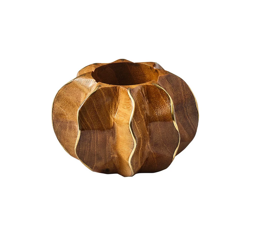 The Kim Seybert Twist Brown/Gold Napkin Ring features a small, rounded shape with pumpkin-like curves, natural wood grain patterns, and wavy vertical grooves for an artisanal touch.