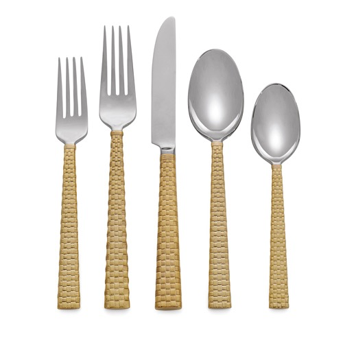 The Michael Aram 5 Piece Flatware Set in gold features woven pattern handles and includes two forks, a knife, a tablespoon, and a teaspoon from the Palm Collection, all arranged in a row.