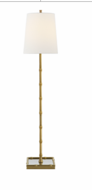 The Visual Comfort VC Grenol Buffet Lamp features a hand-rubbed antique brass bamboo-style stem, a square base, and a linen shade. Height: 32.5".
