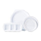The Juliska Berry & Thread Melamine Whitewash Triple Section Server is a white serving piece with scalloped edges and three sections—dishwasher safe for easy cleanup.