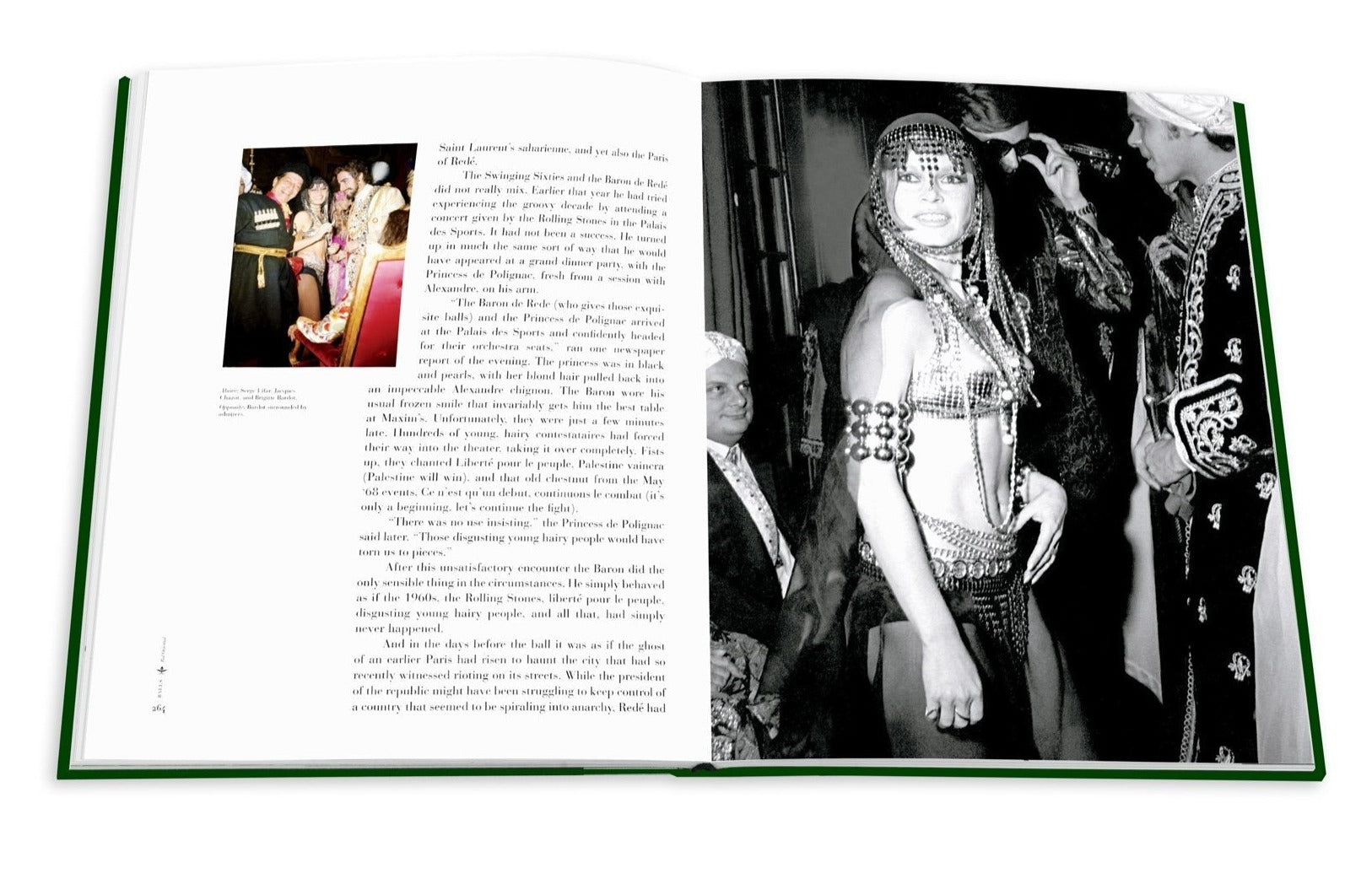 The open book, "Legendary Costume Balls of the Twentieth Century" by Assouline, showcases a black and white photo on the right, evoking grand Art Deco Paris gatherings. On the left, it highlights the allure of costume parties with a small color photo capturing their spirited essence.