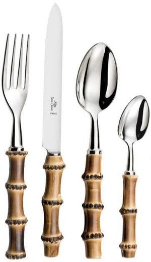 The Alain Saint Joanis Bamboo 5 Piece Flatware Set, Stainless Steel, featuring bamboo handles and stainless steel heads, is displayed side by side on a white background.