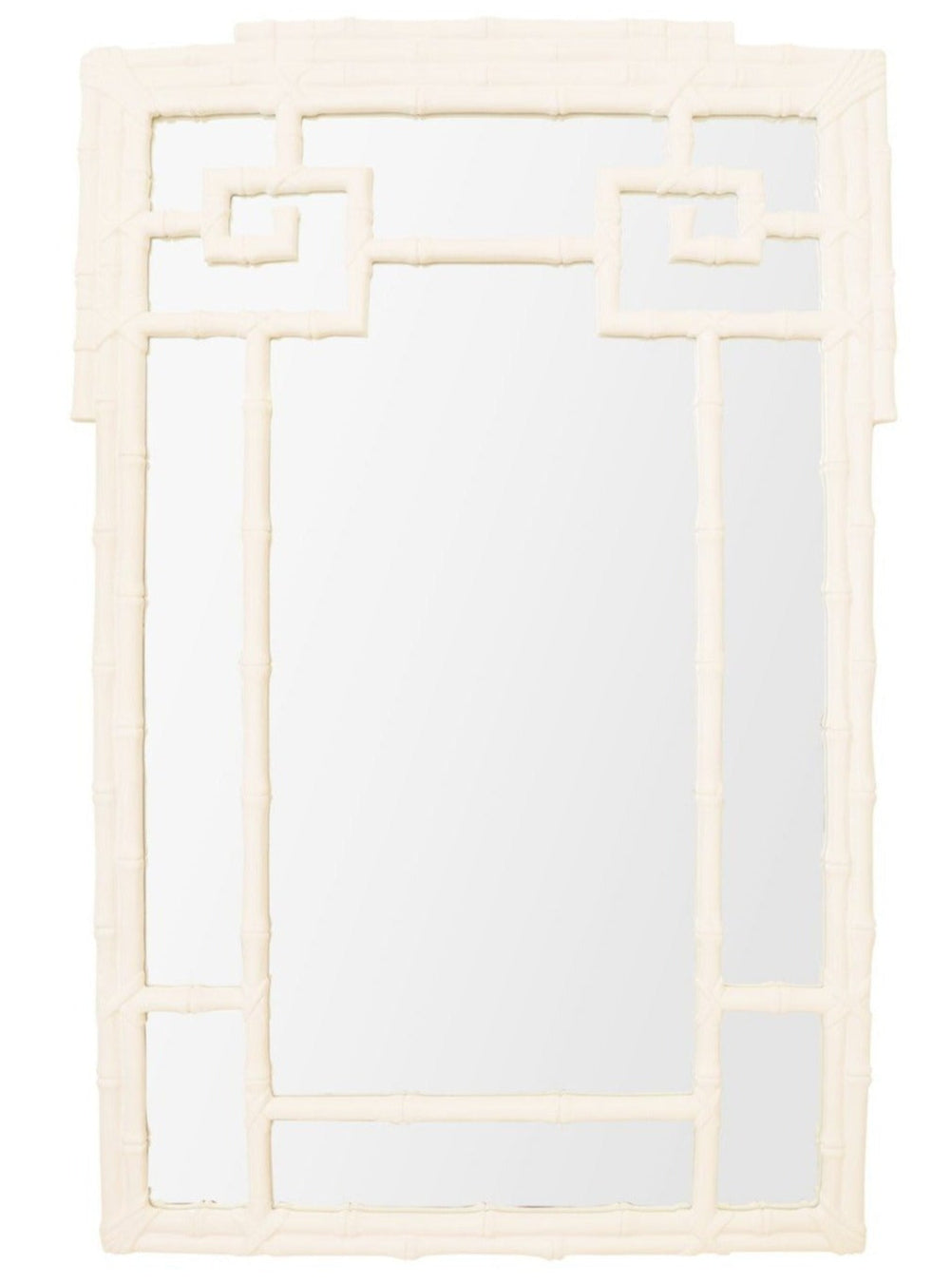 The Bamboo Mirror, White Gesso by Carvers' Guild features a rectangular white faux bamboo frame with geometric corner patterns. Sized at 33" x 45", it's a stylish statement piece for any room.