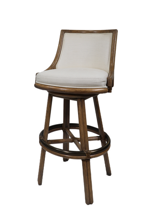 The McGuire Furniture Rattan Swivel Bar Stool features a cushioned backrest and seat, complete with a swivel base and footrest ring, standing at 42 inches tall.