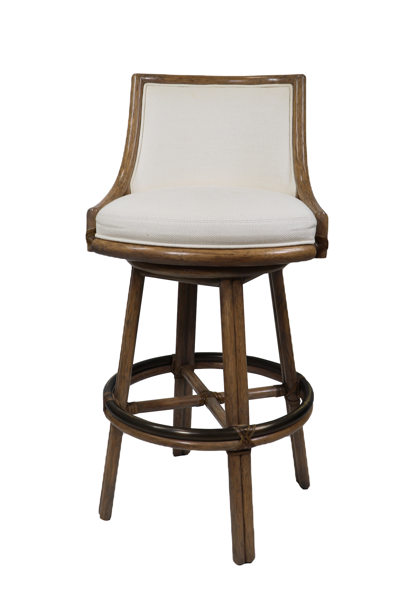 The Rattan Swivel Bar Stool by McGuire Furniture is a 42-inch-tall wooden stool with a cushioned fabric seat and backrest, circular footrest, and splayed legs—compact for any space.