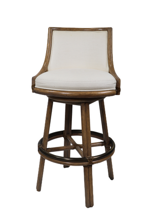 The Rattan Swivel Bar Stool by McGuire Furniture is a 42-inch-tall wooden stool with a cushioned fabric seat and backrest, circular footrest, and splayed legs—compact for any space.