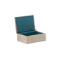 The Pigeon & Poodle Bayan Accent Box, Small, features a rectangular woven raffia exterior and an open lid that reveals a teal interior. Its natural raffia finish adds a casual touch while it sits empty against a plain white background.