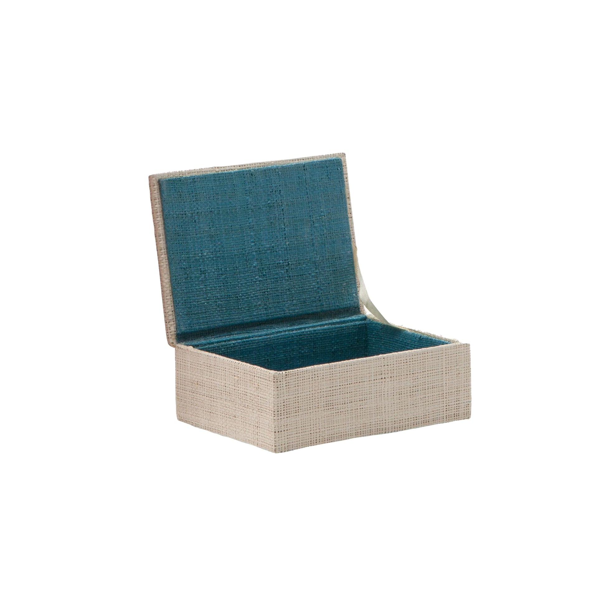 The Pigeon & Poodle Bayan Accent Box, Small, features a rectangular woven raffia exterior and an open lid that reveals a teal interior. Its natural raffia finish adds a casual touch while it sits empty against a plain white background.