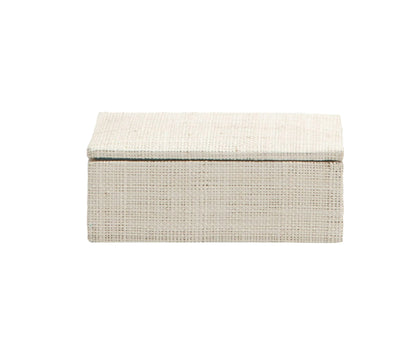 The Bayan Accent Box, Small by Pigeon & Poodle is a rectangular light beige woven raffia box with a textured finish and closed lid, shown against a plain white background.