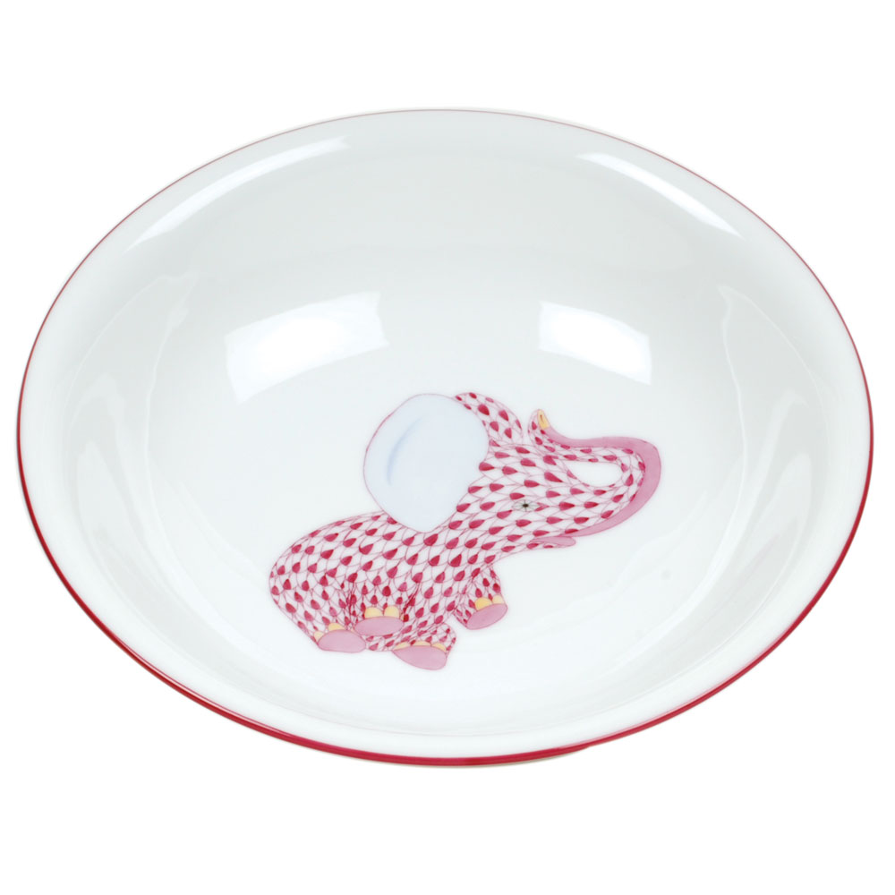 The Herend Elephant Bowl, Pink features a decorative pink and white patterned elephant design in the center, inspired by hand-painted motifs.