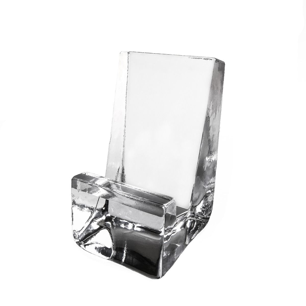 The Simon Pearce Woodbury Glass Phone Holder features a minimalist, angled design, perfect for holding phones and tablets while viewing digital recipes. Shown here against a plain white background.