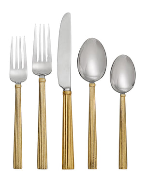 The Noralee Wheat 5-Piece Flatware Set, Gold, features goldtone textured handles and includes a salad fork, dinner fork, knife, soup spoon, and teaspoon arranged side by side on a white background.