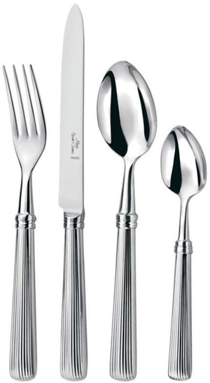 The Alain Saint Joanis Beatrix 5 Piece Flatware Set includes stainless steel fork, knife, tablespoon, teaspoon, and salad fork, each hand finished with a ribbed handle design and arranged side by side.