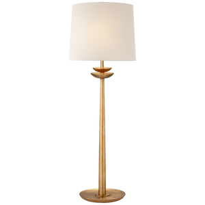 The Beaumont Medium Buffet Lamp by Visual Comfort features a gilded base and stem, a white cylindrical lampshade, and a convenient dimmer. Its round E26 socket supports wattage up to 60, offering versatile lighting for any room.