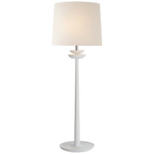 A Visual Comfort Beaumont Medium Buffet Lamp in Matte White with a smooth, glossy finish and a tapered cylindrical shade, featuring an E26 socket.