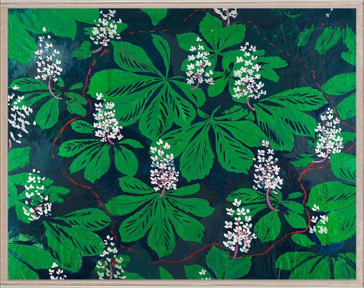 The "Paule Marrot Blossoming Flowers" from Natural Curiosities, measuring 42" x 54", showcases a painting of large green leaves with clusters of small white flowers set against a dark green background.