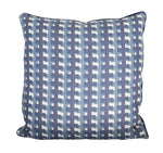 A Cremaillere Indigo Pillow handmade in the USA with a blue and white geometric pattern.