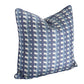 An Edgar Custom Drapery Cremaillere Indigo Pillow with a blue and white geometric pattern, 100% linen and handmade in the USA.