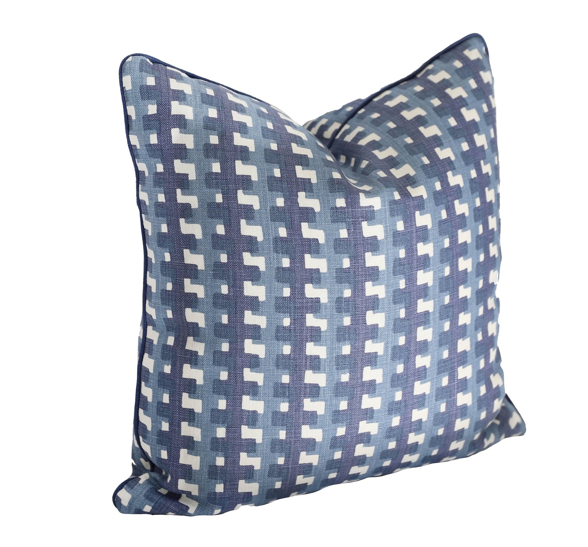 An Edgar Custom Drapery Cremaillere Indigo Pillow with a blue and white geometric pattern, 100% linen and handmade in the USA.